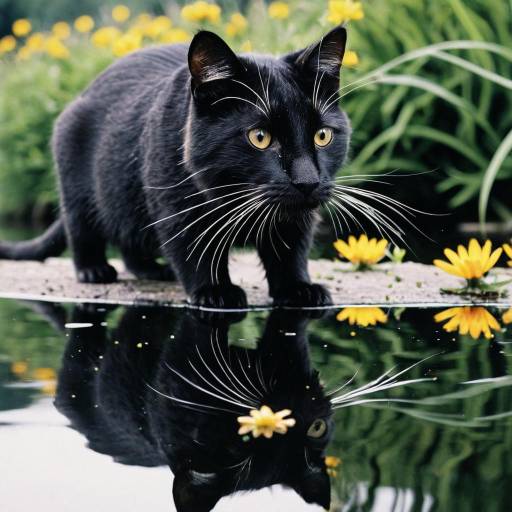 Black Cat by Reflective Water with Yellow Flowers