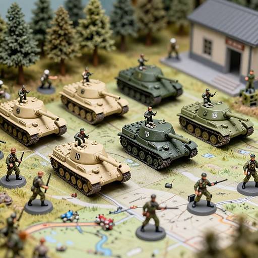 Photograph of detailed LEGO military diorama with four tank models, soldiers, and forest scenery, featuring a small house in the background.