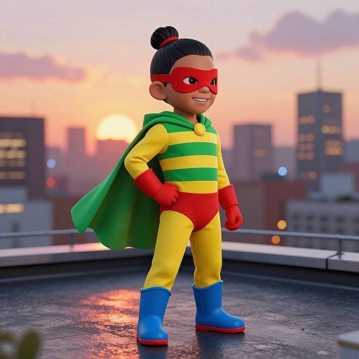 CGI image of a smiling Black girl superhero with green-yellow costume, red mask, gloves, boots, and cape, standing on rooftop at sunset.
