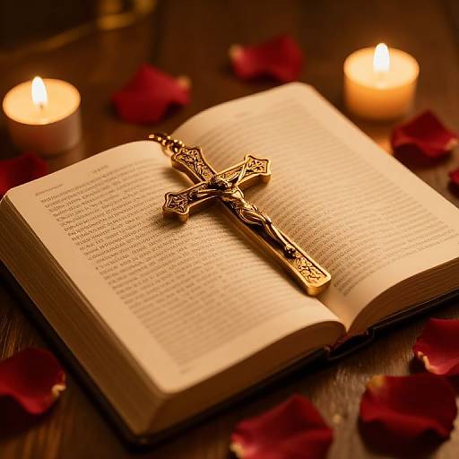 Photograph of an open Bible with a gold, intricately designed crucifix on top, surrounded by lit candles and red rose petals.