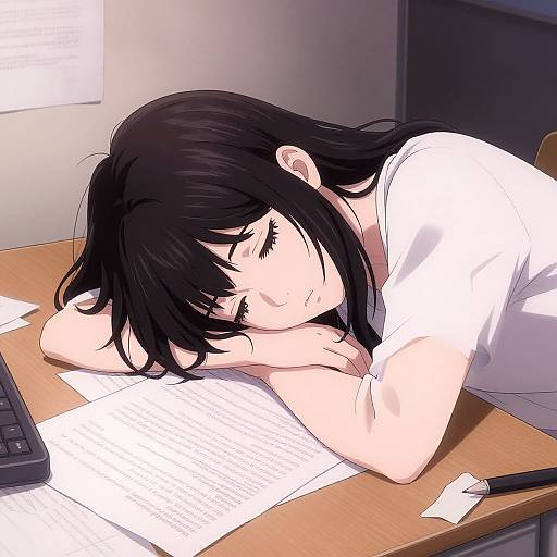 Anime-style digital illustration of a black-haired girl with closed eyes, resting her head on a desk, surrounded by papers and a keyboard.