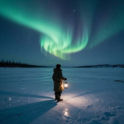 Photograph of a lone figure in winter gear holding a lantern, standing on icy ground, gazing at vibrant green auroras in a starry night