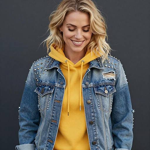 Smiling Blonde Woman in Denim Jacket