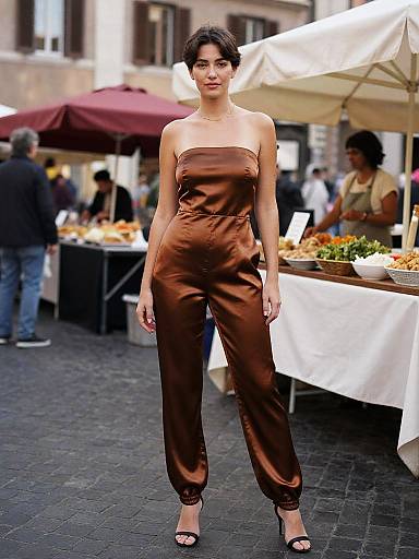 Photograph of a dark-haired woman in a brown satin strapless jumpsuit, standing at an outdoor market with white tents and food stalls in the background