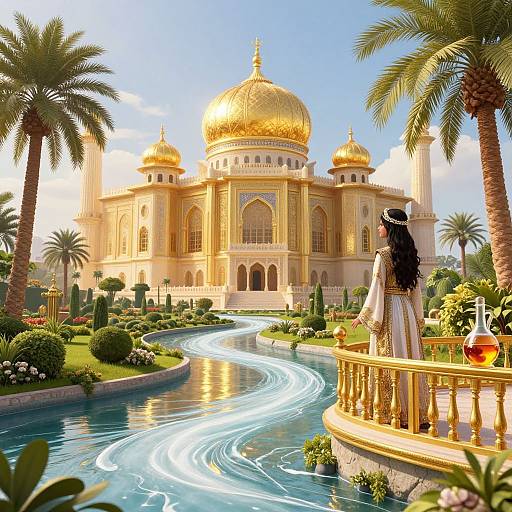 Digital art of a woman with long black hair and white attire, standing on a golden bridge, gazing at a golden-domed palace with a winding