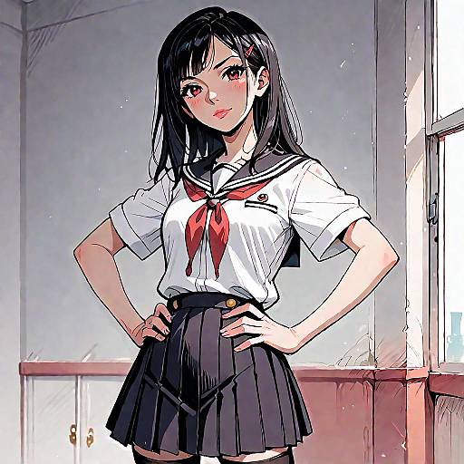 Anime-style digital drawing of a confident, black-haired girl in a white sailor uniform with red necktie and black pleated skirt, standing with hands on