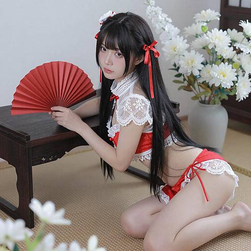 Asian Woman in Lace Outfit with Flowers