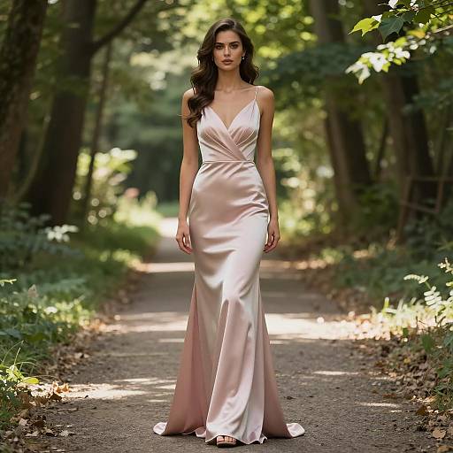 Woman in Light Pink Satin Evening Gown on Forest Path