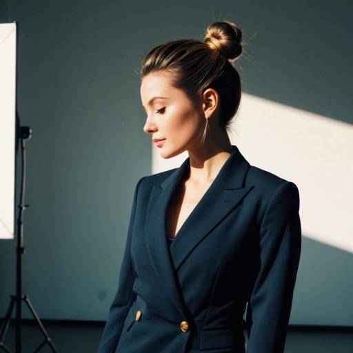 Woman with Side Bun Wearing Navy Pantsuit in Studio Woman with Side Bun Wearing Navy Pantsuit in Studio