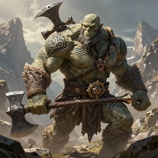 Digital art of a muscular, green-skinned orc warrior with tattoos, holding an axe, wearing fur and leather armor, standing in a rocky mountain landscape