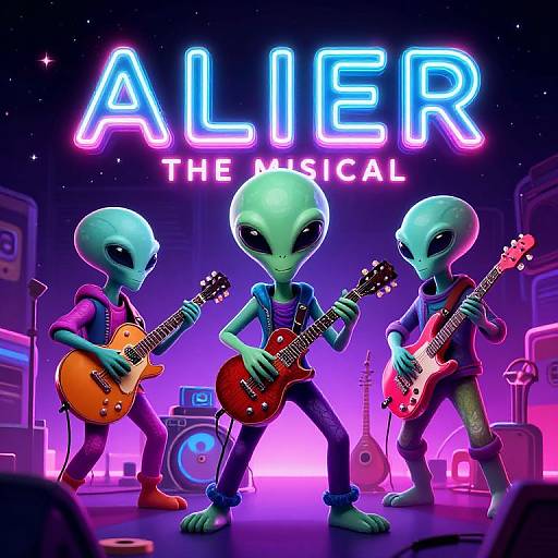 Digital illustration of three alien musicians with green skin, playing guitars on stage under neon 