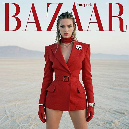 Photograph of a serious, blonde woman in a red blazer and matching gloves, standing on a desolate, flat landscape; 