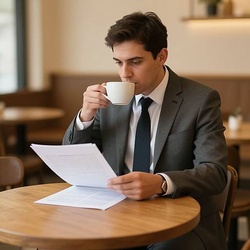 Photograph of a young, dark-haired man in a gray suit, white shirt, and black tie, sipping coffee while reading a document at a