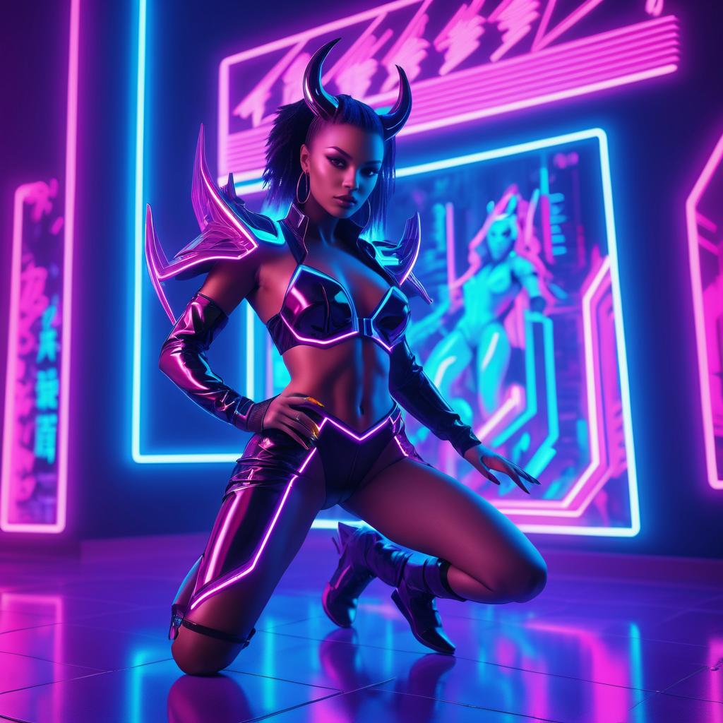 Dynamic Female Demon in Neon Paradise