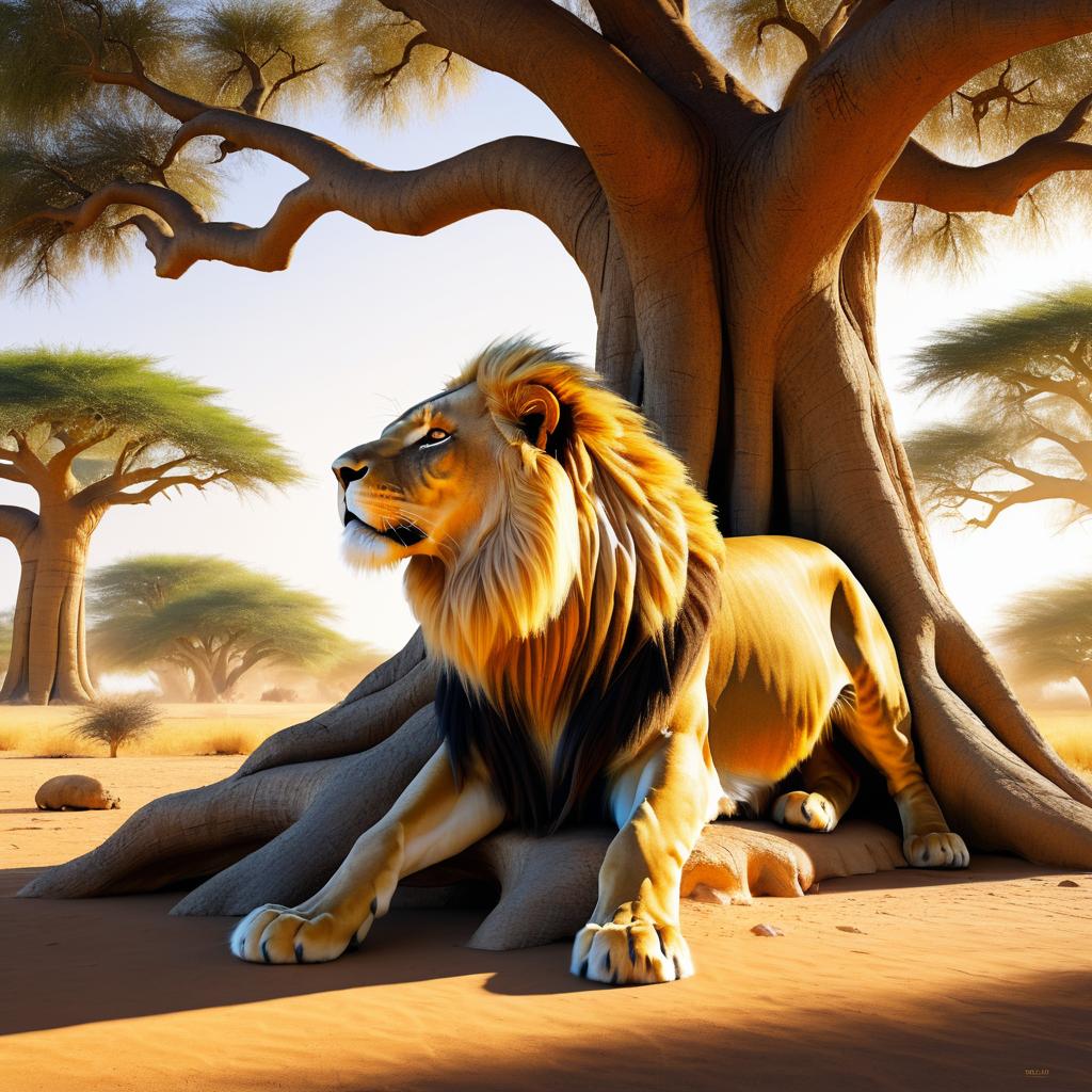 Majestic Lion Under Baobab Tree