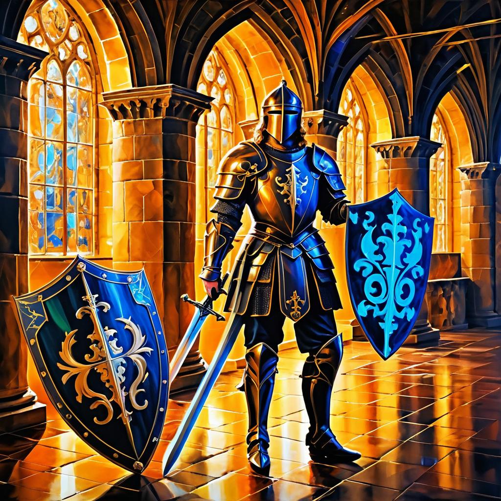 Vibrant Knight in a Regal Castle Hall