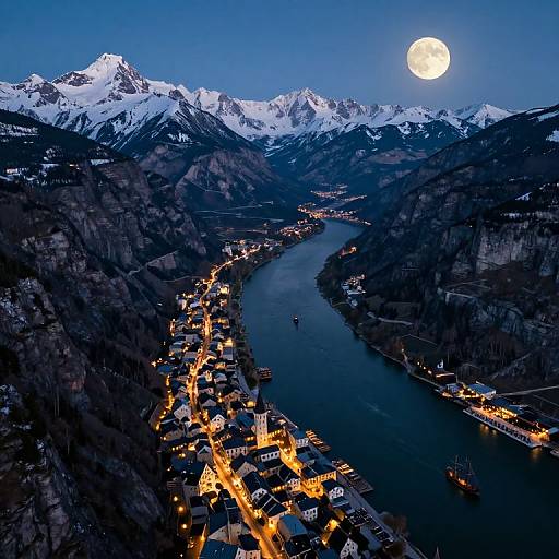 Aerial photograph of a snow-capped mountain range at twilight, featuring a glowing full moon, a dark river, and a brightly lit village along the