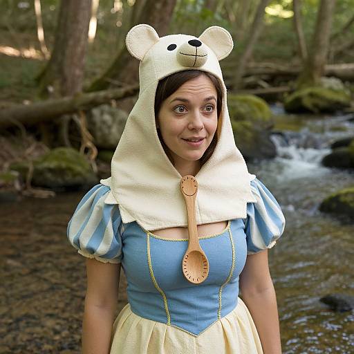 Photograph of a woman in a Blue Fairy costume with bear hood, standing by a forest stream; she smiles, wearing blue and cream dress with p