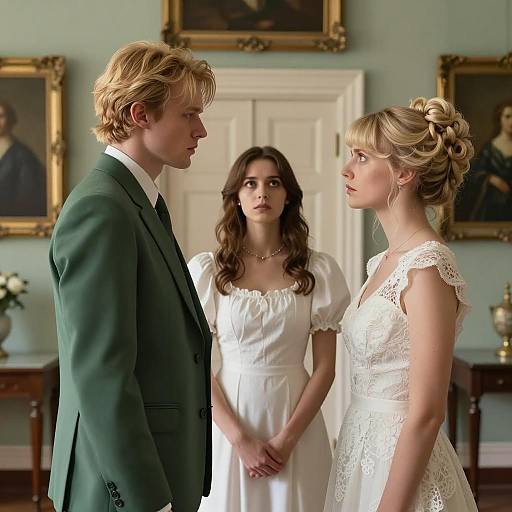 Dramatic Trio in Elegant Room Scene