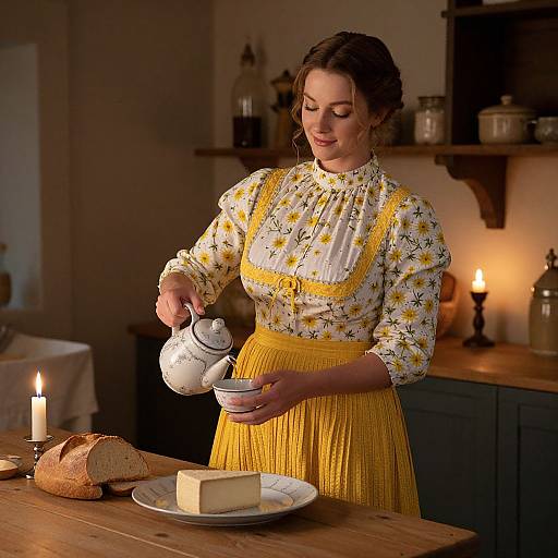 Photograph of a woman in a yellow and white floral blouse, yellow skirt, pouring tea from a white teapot, in a warmly lit, rustic