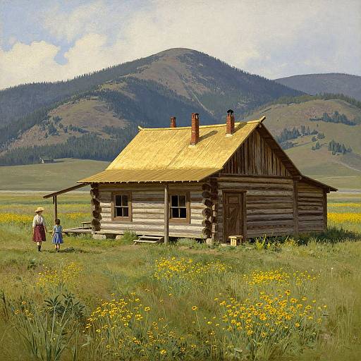 Photograph of a rustic wooden cabin with a yellow straw roof, standing in a sunny meadow of yellow wildflowers, two people in traditional clothing near