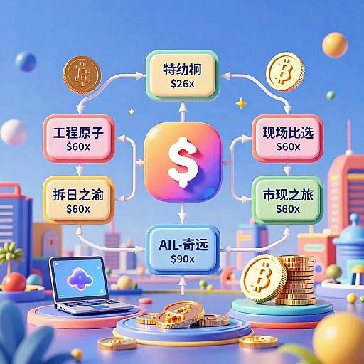 Digital illustration of a financial exchange diagram with colorful coin icons, dollar signs, and Japanese text, set against a vibrant cityscape background with floating coins.