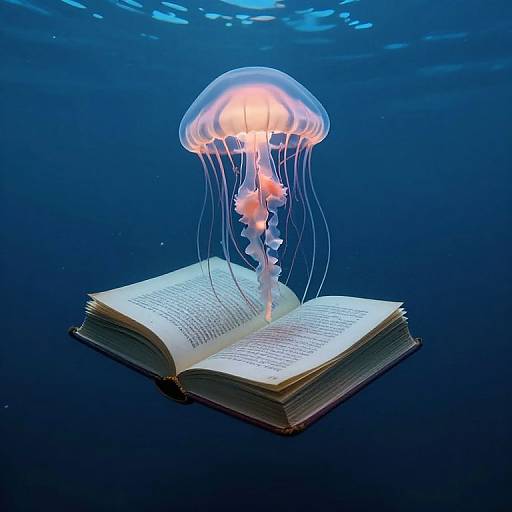 Photograph of a glowing jellyfish hovering above an open book with text, set against a deep blue underwater background.