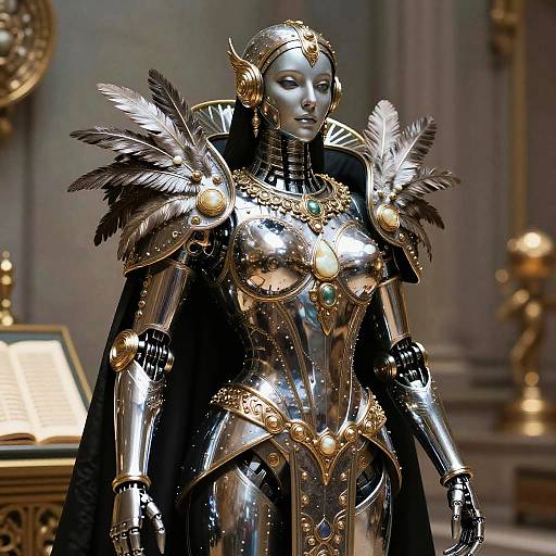 Anthropomorphic Chrome and Ebony Robotic Archivist