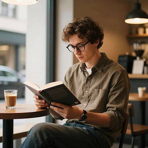 Brown Guy Reading in Cozy Coffee Shop