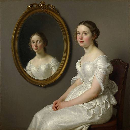 Classical portrait painting of a pale-skinned, brown-haired woman in an off-shoulder white dress, seated before an ornate mirror.