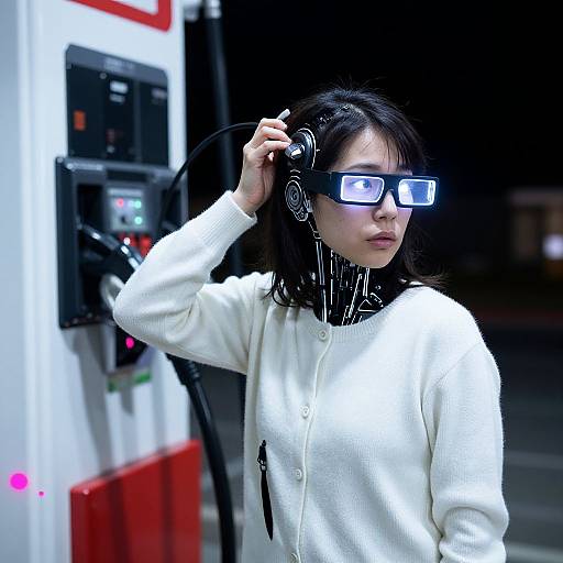 Photograph of an Asian woman with black hair, wearing a white sweater, blue 3D glasses, and headphones, adjusting them at a modern gas