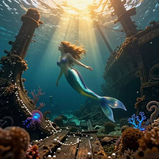 Photograph of a mermaid with a shimmering blue and green tail, floating through a sunlit, underwater shipwreck adorned with coral and marine