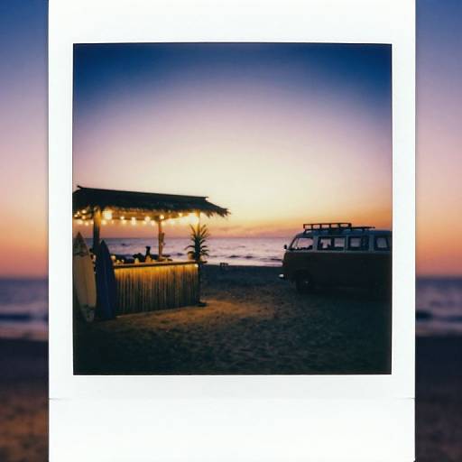 Photograph of a beach at sunset, featuring a silhouetted hut with string lights, a palm tree, and a parked van on sandy shore