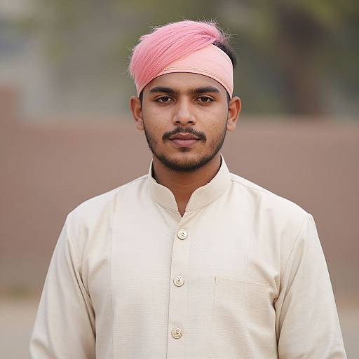 Photograph of a young South Asian man with pink turban, light beige traditional shirt, and trimmed beard, standing outdoors.
