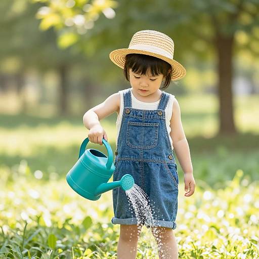 Photograph of an Asian toddler in denim overalls, white shirt, and straw hat, watering grass with a blue watering can in a sunny, leaf