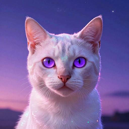 Photograph of a white cat with glowing purple eyes, set against a twilight sky with pink and blue hues. The cat's fur is illuminated with a