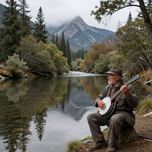 Elderly Man Playing Banjo by River