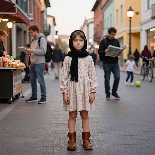 Photograph of a young girl in a white lace dress, brown boots, and black scarf, standing in a bustling European street at dusk, surrounded by