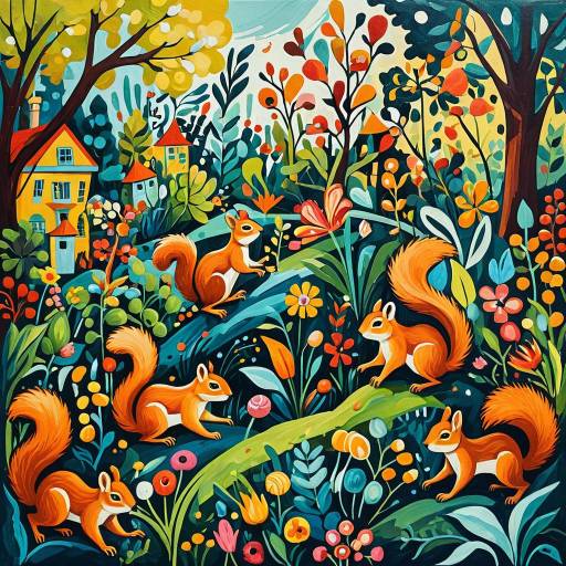 Whimsical Expressionist Squirrel Garden