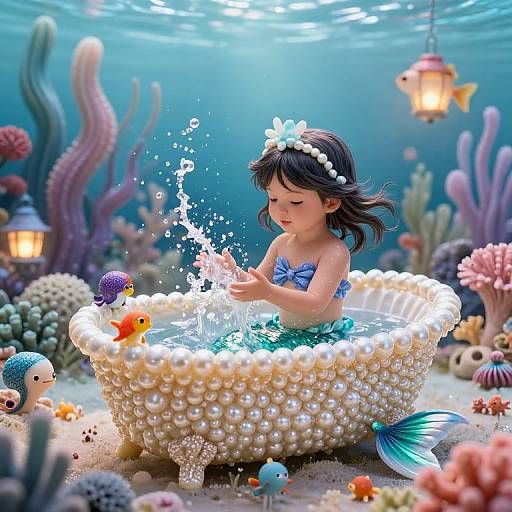 Digital artwork of a young mermaid with a pearl headband, blue seashell top, and green tail, splashing water in a pearl-covered