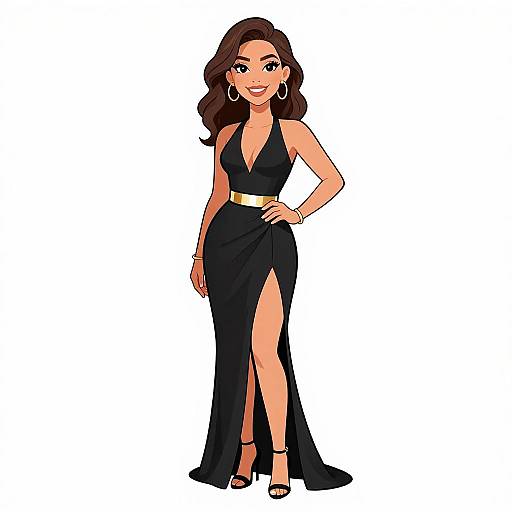 Digital illustration of a smiling woman with wavy brown hair, wearing a black, sleeveless, deep V-neck gown with a high slit, and black