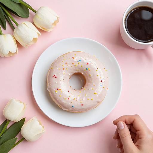 Top-down photo of a pink-glazed donut with colorful sprinkles on a white plate, surrounded by white tulips, a cup of black coffee
