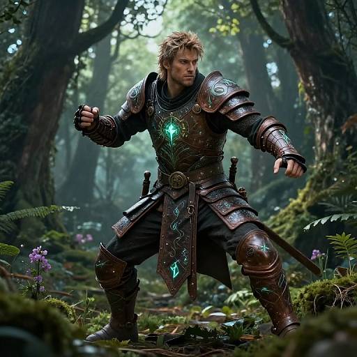 CGI fantasy image of a muscular, blonde man in ornate, glowing blue-embellished armor, poised in a dense, mossy forest