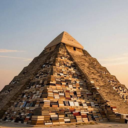 Photograph of a large, sunlit pyramid with a textured facade made of multicolored rectangular stones, set against a clear, blue sky at sunset