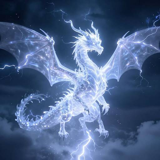 Digital art of a glowing, ethereal white dragon with electric blue wings and lightning bolts, flying against a dark, cloudy night sky.