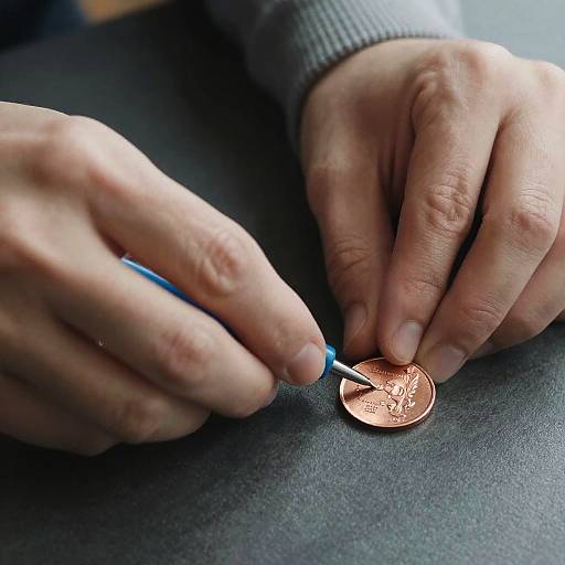 Close-Up of Hands Engraving Copper Coin