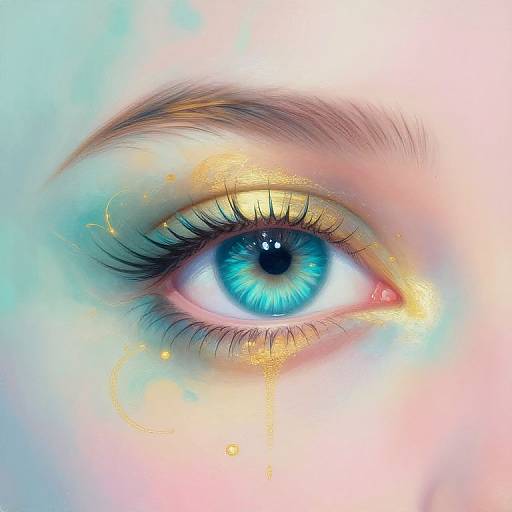Digital artwork of a vivid blue eye with intricate golden highlights, long black eyelashes, and a soft, glowing pink and blue background.