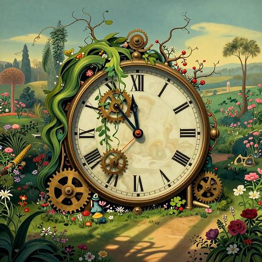 Digital artwork of a large, clock face adorned with gears, vines, and flowers, set in a vibrant, sunlit meadow.