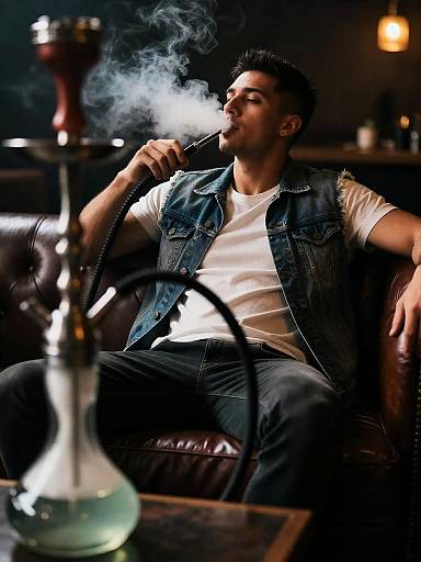 Athletic Man Smoking Hookah in Lounge