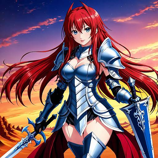 Digital anime-style drawing of a red-haired, blue-eyed woman in silver armor with a sword, standing against a vibrant sunset sky.